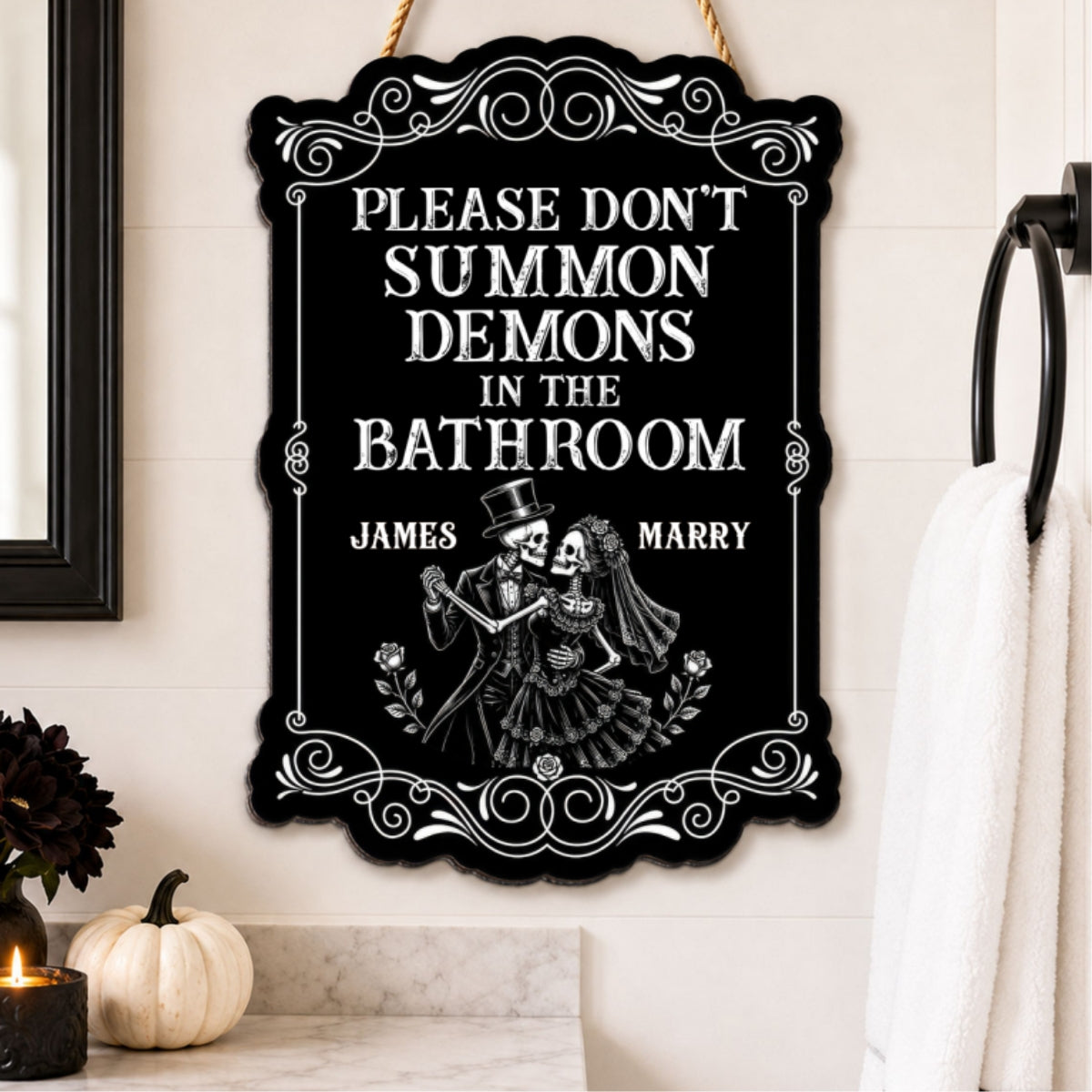 Gothic Couple Please Don't Summon Demons - Personalized Wood Sign - Funny Halloween Gothic Bathroom Decor For Couple