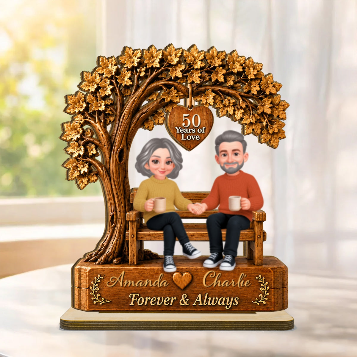 Couple Sitting Under Tree - Personalized 2-Layered Wooden Plaque - Golden Couple Keepsake, Anniversary Gift for Her, for Him