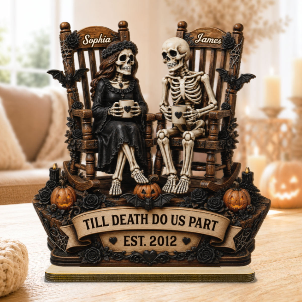 Till Death Do Us Part Skeleton Couple 2D Flat - Personalized 2-Layered Wooden Plaque - Halloween Decor For Couple