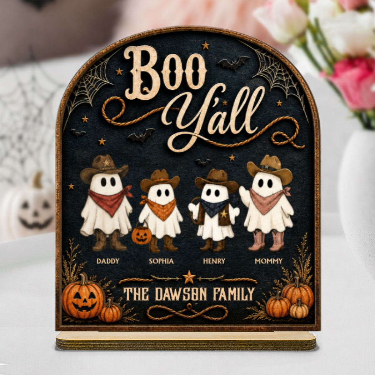 Boo Y'all Cowboy Ghost Family 2D Flat - Personalized 2-Layered Wooden Plaque - Western Country Vibe Halloween Decor