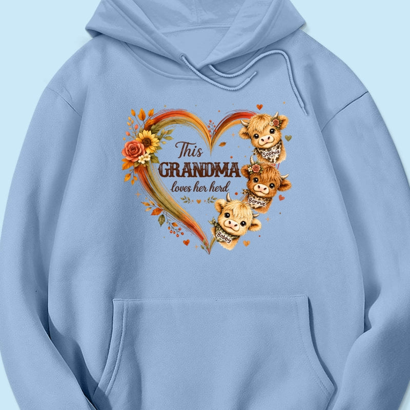 Grandma Herd Heart Highland Cow - Personalized Shirt - Cozy Fall Shirt for Grandma