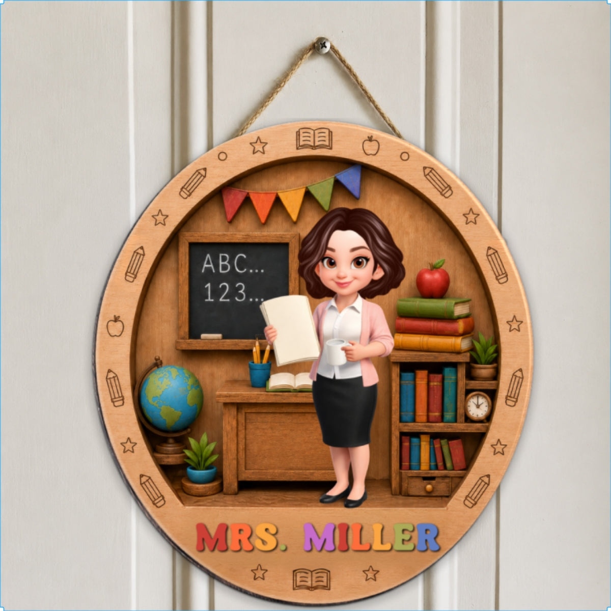 Teacher In Classroom 3D Design - Personalized 2-Layered Wood Sign - Back To School Gift For Teacher