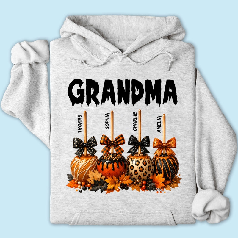 Trending Fall Season Halloween Grandma Fall Caramel Apples Custom Kids Names - Personalized Shirt - Fall Halloween Shirt For Grandma
