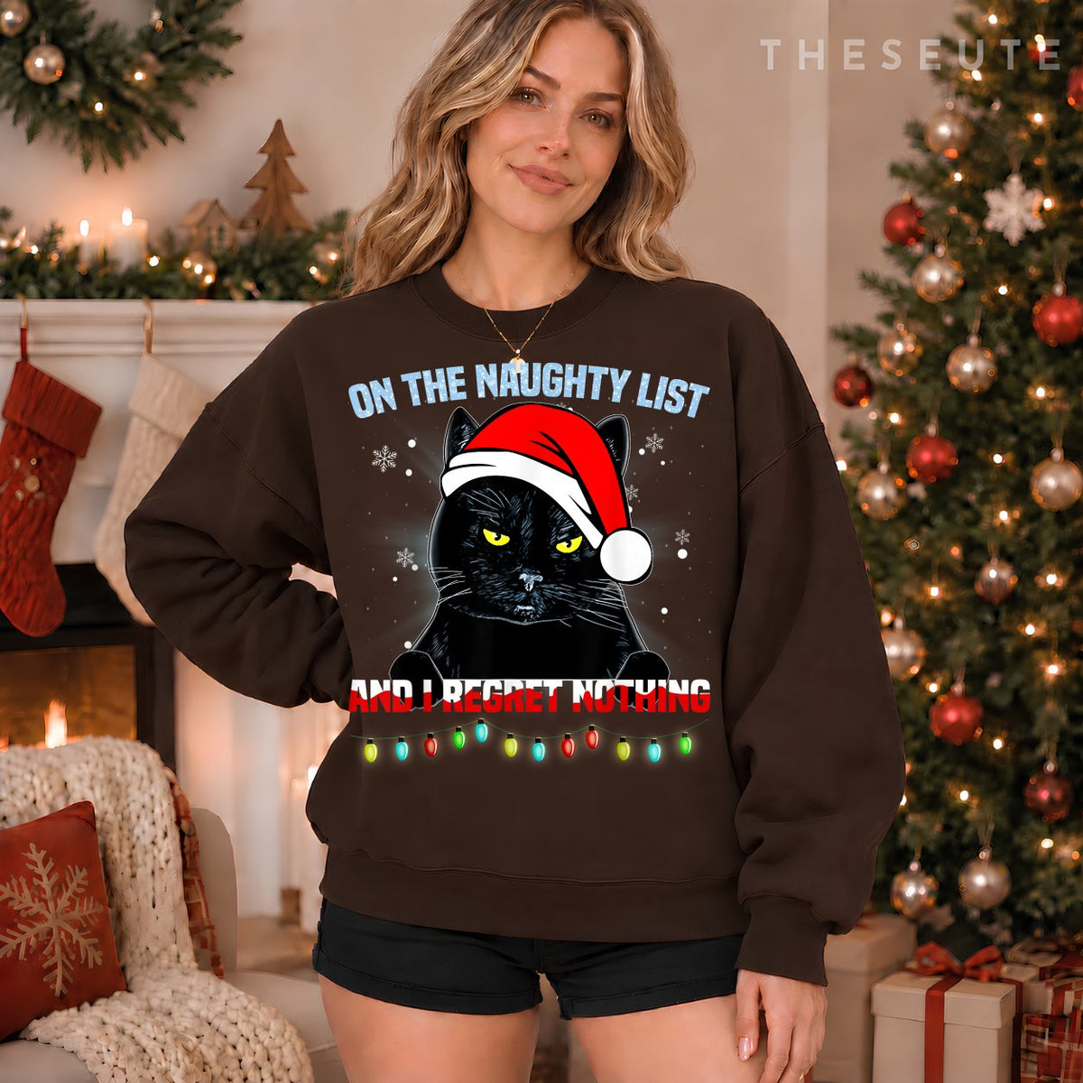 On The Naughty List And I Regret Nothing Cat Christmas Sweatshirt
