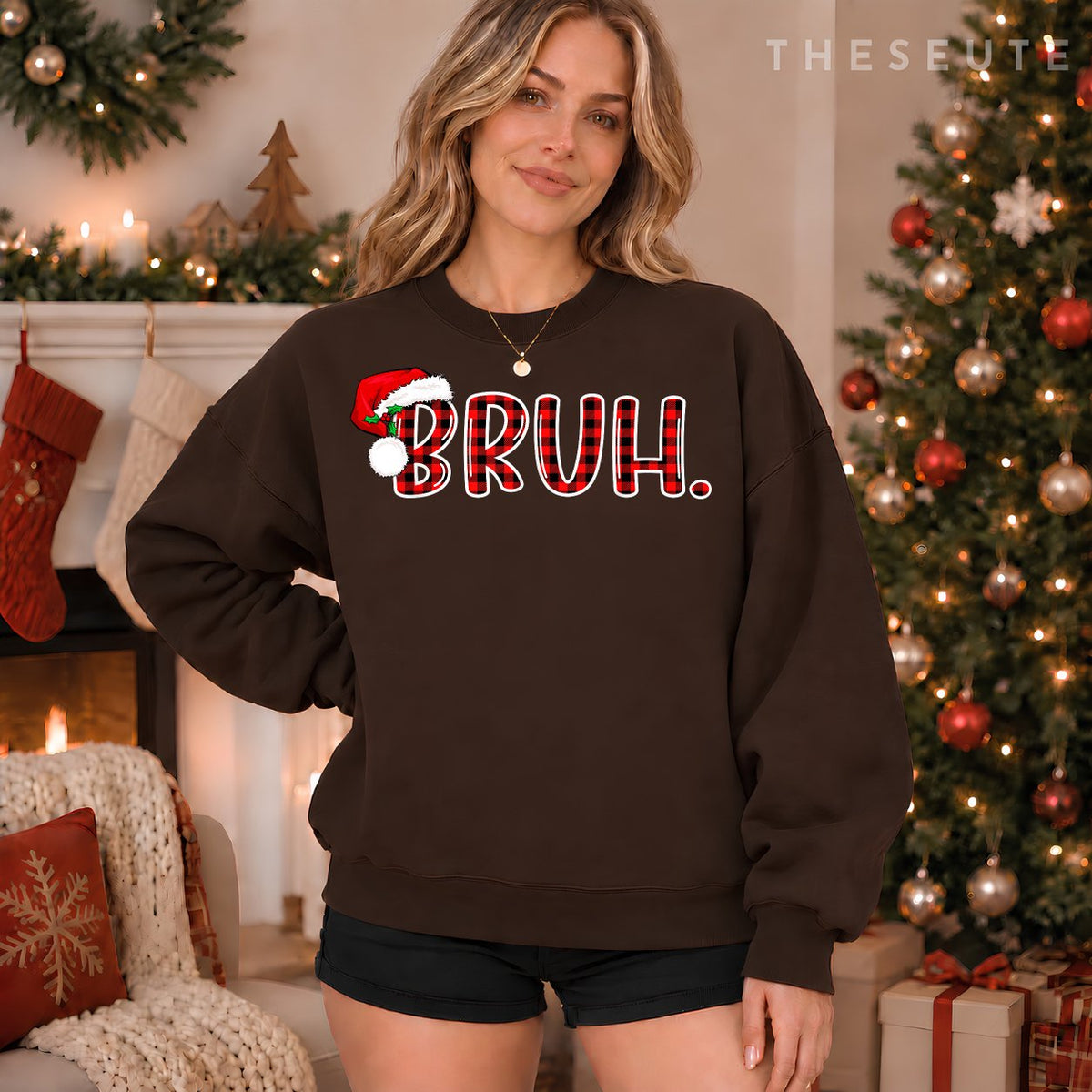 Bruh Funny Christmas Plaid Teens Boys Kids Xmas Pajamas Sweatshirt