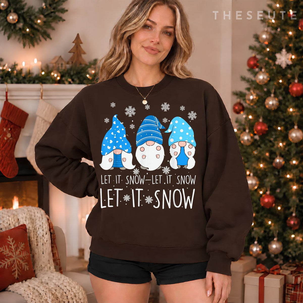 Let It Snow Cute Three Blue Gnome Matching Family Merry Xmas Sweatshirt