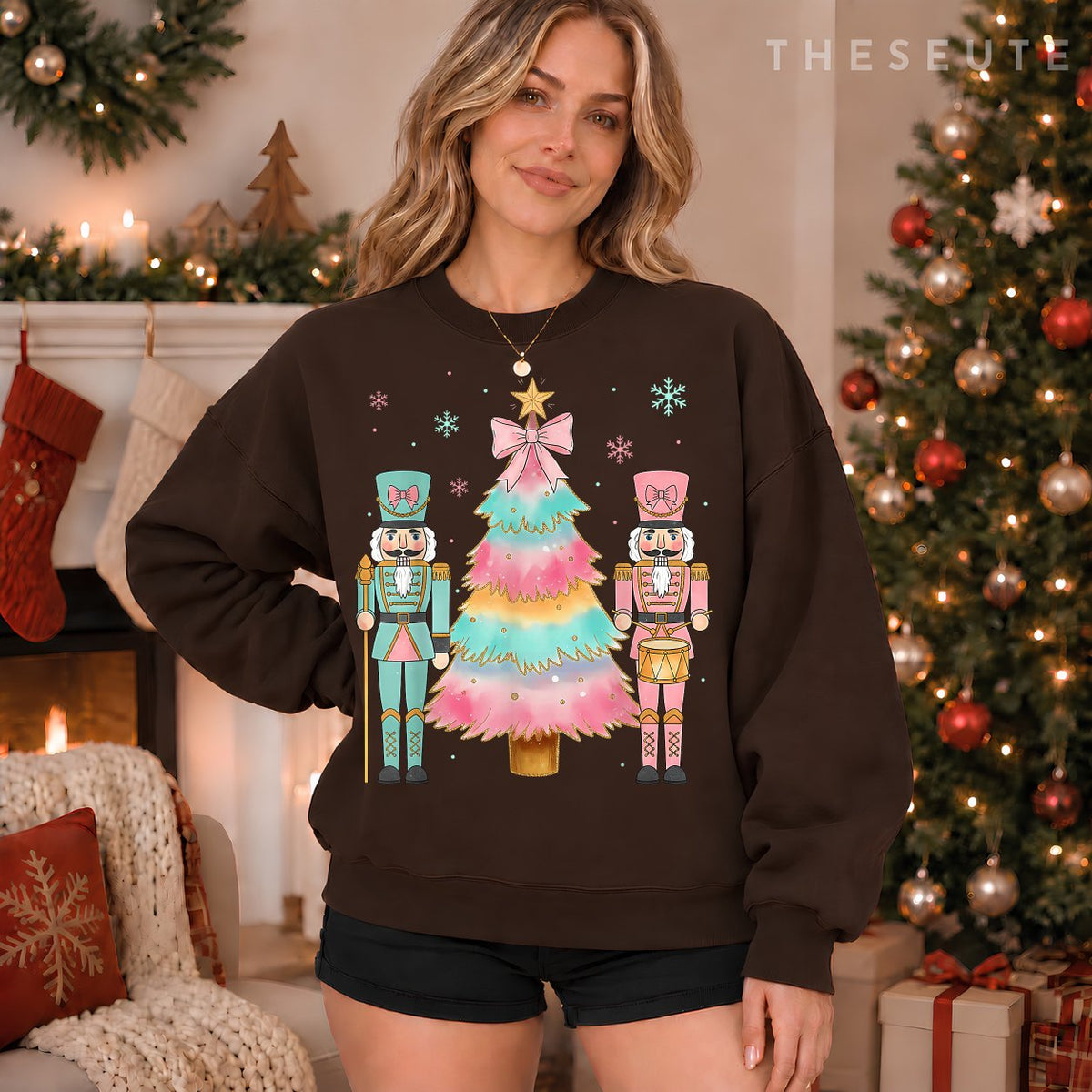 Pastel Nutcracker Soldier Pink Bow Christmas Tree Women Girl Sweatshirt