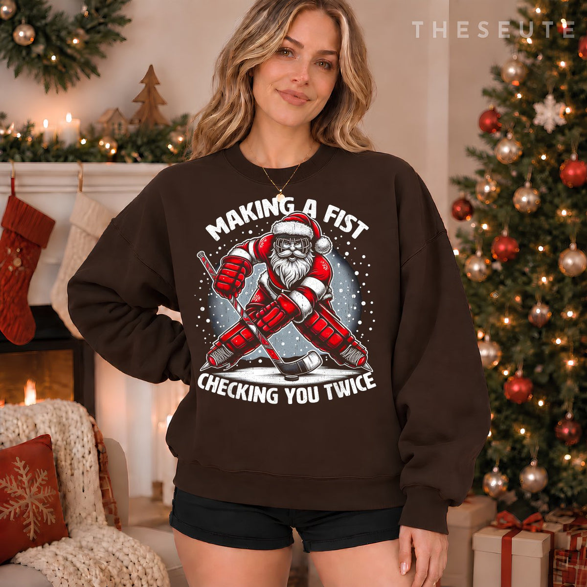 Making A Fist Checking You Twice Ugly Christmas Santa Hockey Sweatshirt