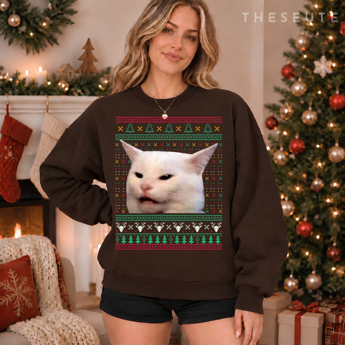 Woman Yelling at a Cat Ugly X-mas Sweatshirt Funny Meme Dress Sweatshirt