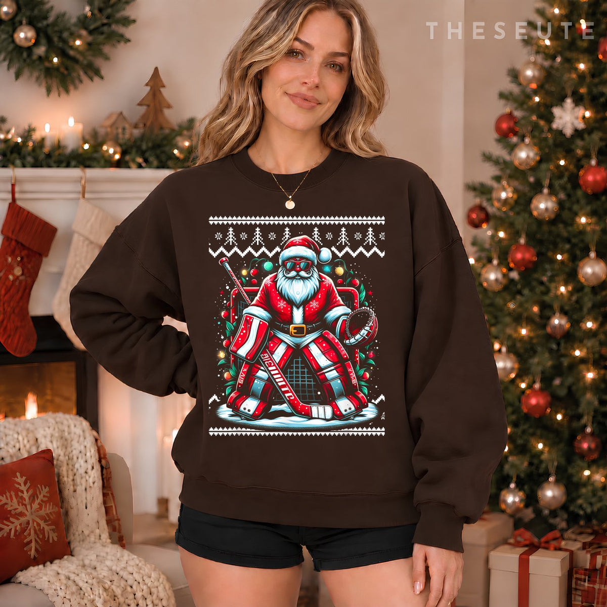 Merry Christmas Santa Hockey Goalie Ugly Christmas Sweatshirt
