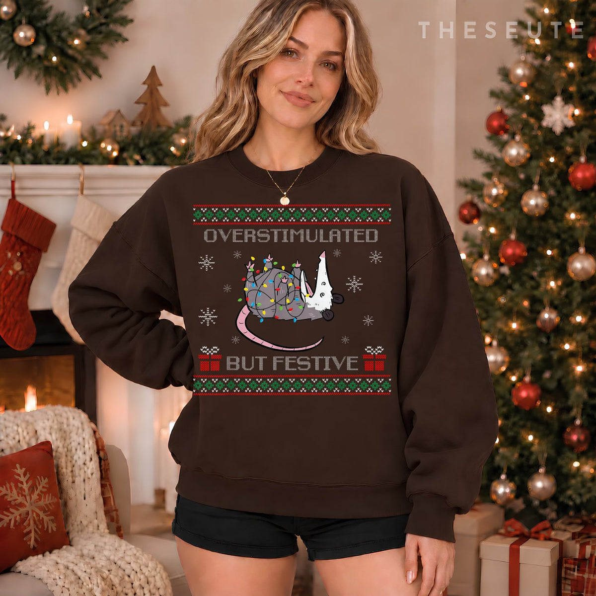Overstimulated But Festive Possum Christmas Ugly Xmas Pajama Sweatshirt