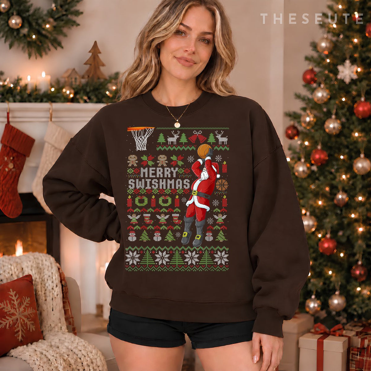 Merry Swishmas Ugly Christmas Basketball Christmas Sweatshirt