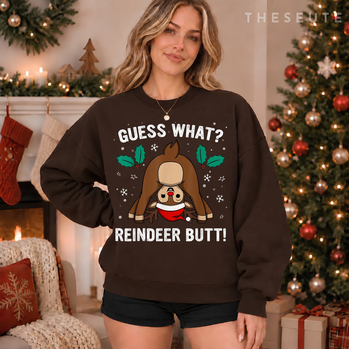 Guess What Reindeer Butt Mens & Boys Funny Ugly Christmas Sweatshirt