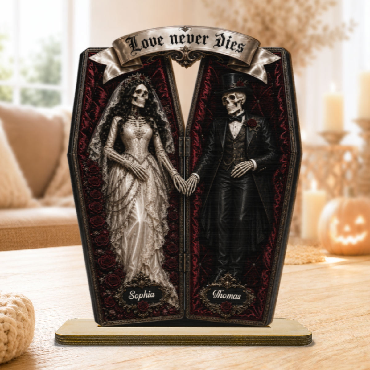 Skeleton Couple In Coffin 2D Flat - Personalized Wooden Plaque - Halloween Decoration