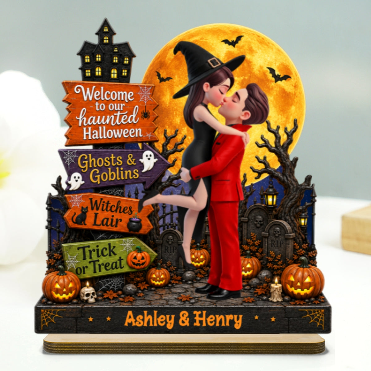 Eternal Love Couple Halloween Sign Posts - Personalized 2-Layered Wooden Plaque - Halloween Gift For Couple