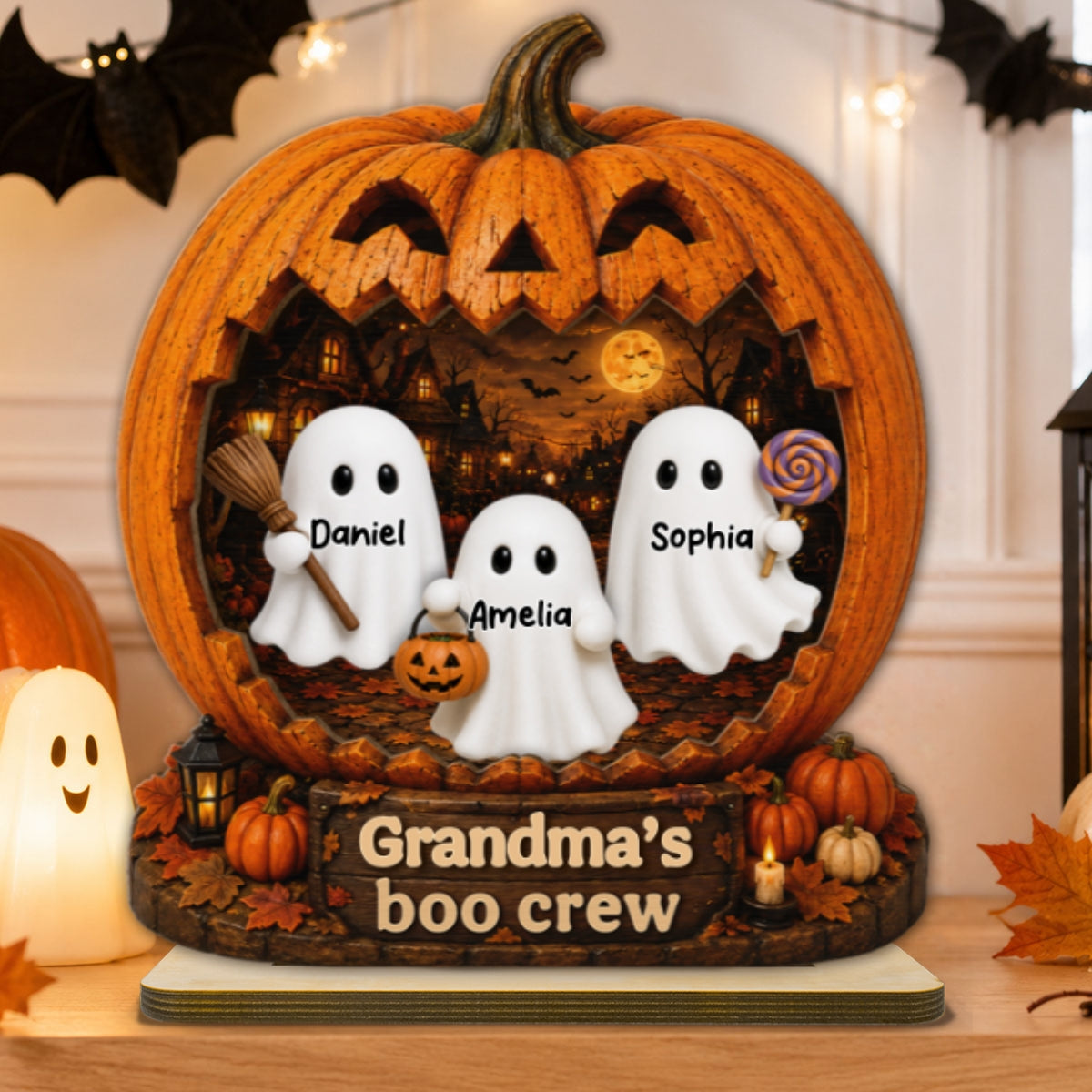 Spooky Halloween Pumpkin Grandma's Boo Crew - Personalized 2-Layered Wooden Plaque - Halloween Decor For Grandma