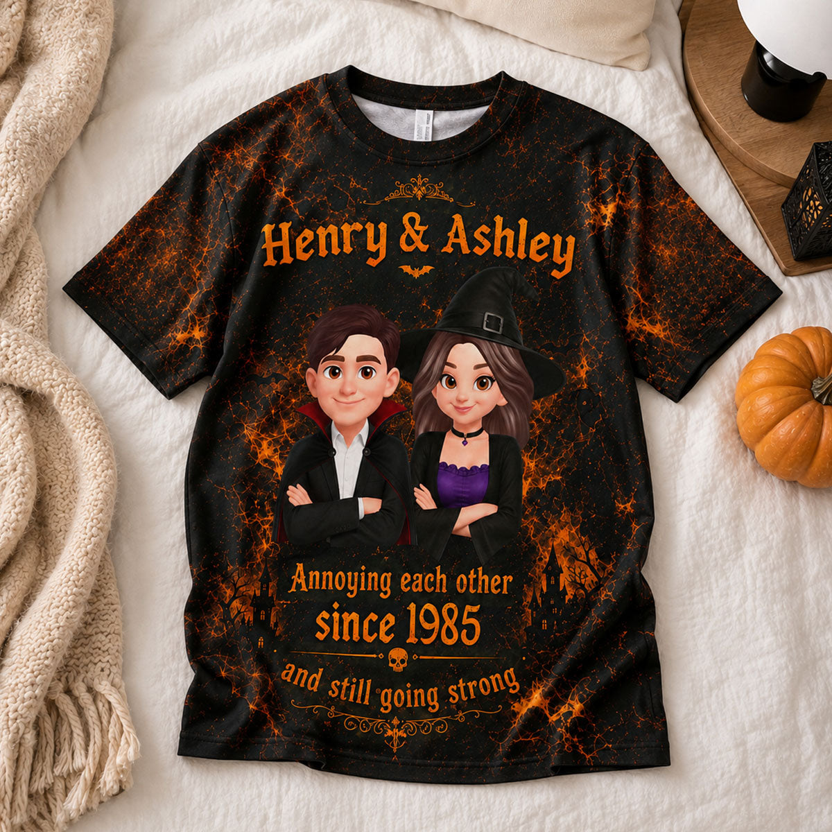 Retro Halloween Couple - Personalized Shirt - Halloween Matching Shirts for Couple, Anniversary Gift for Him, for Her