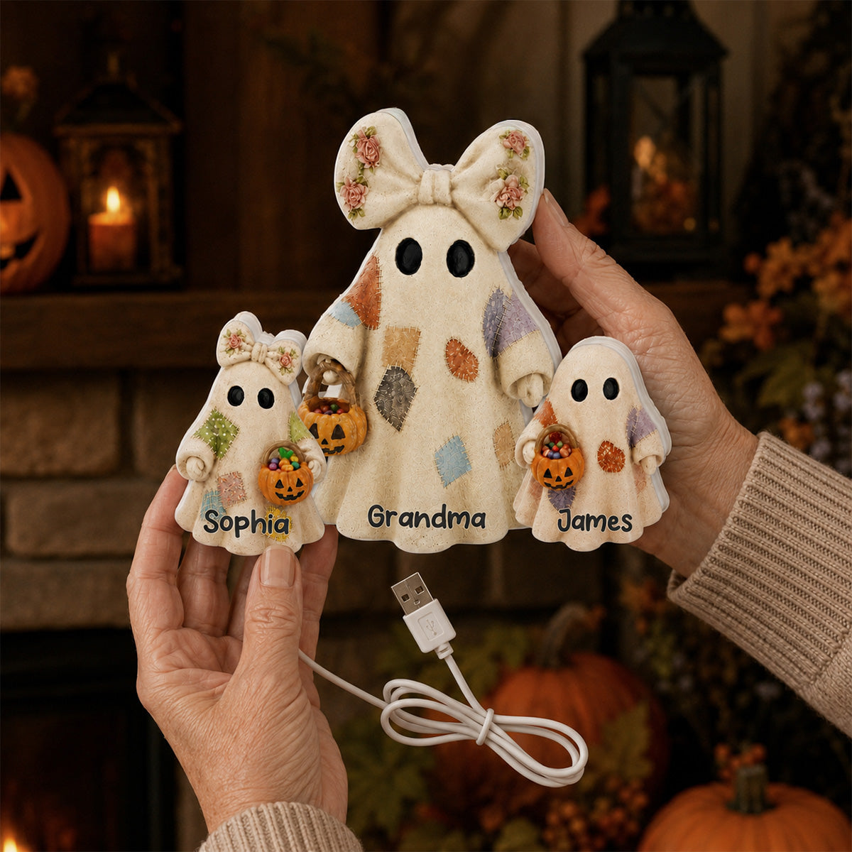 Grandma's Boo Crew Patchwork Style Ghosts 2D Flat - Personalized Light Box - Halloween Decor For Grandma