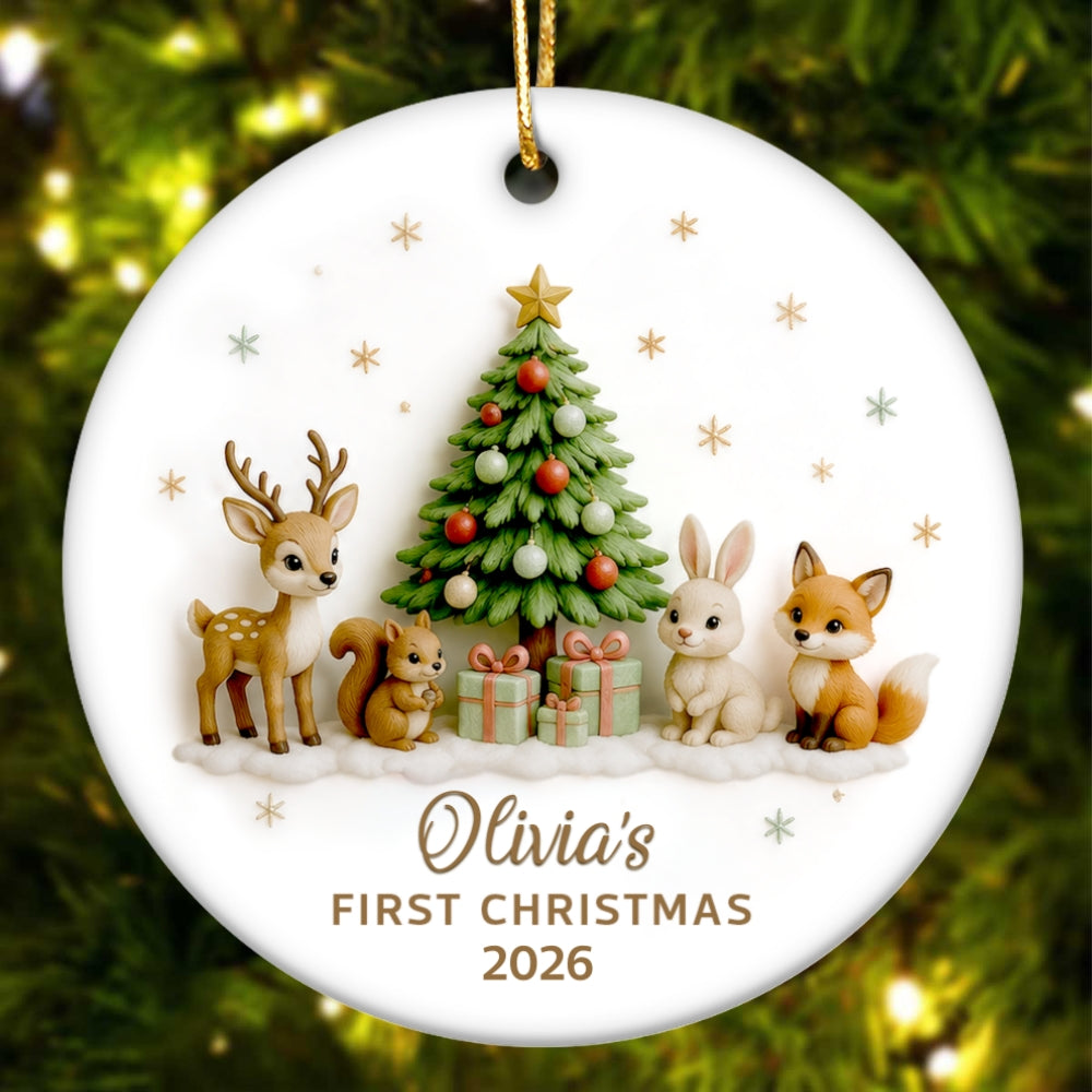 Baby’s First Christmas Tree & Woodland Animals 2D Flat - Personalized Ceramic Ornament - New Baby Christmas Keepsake