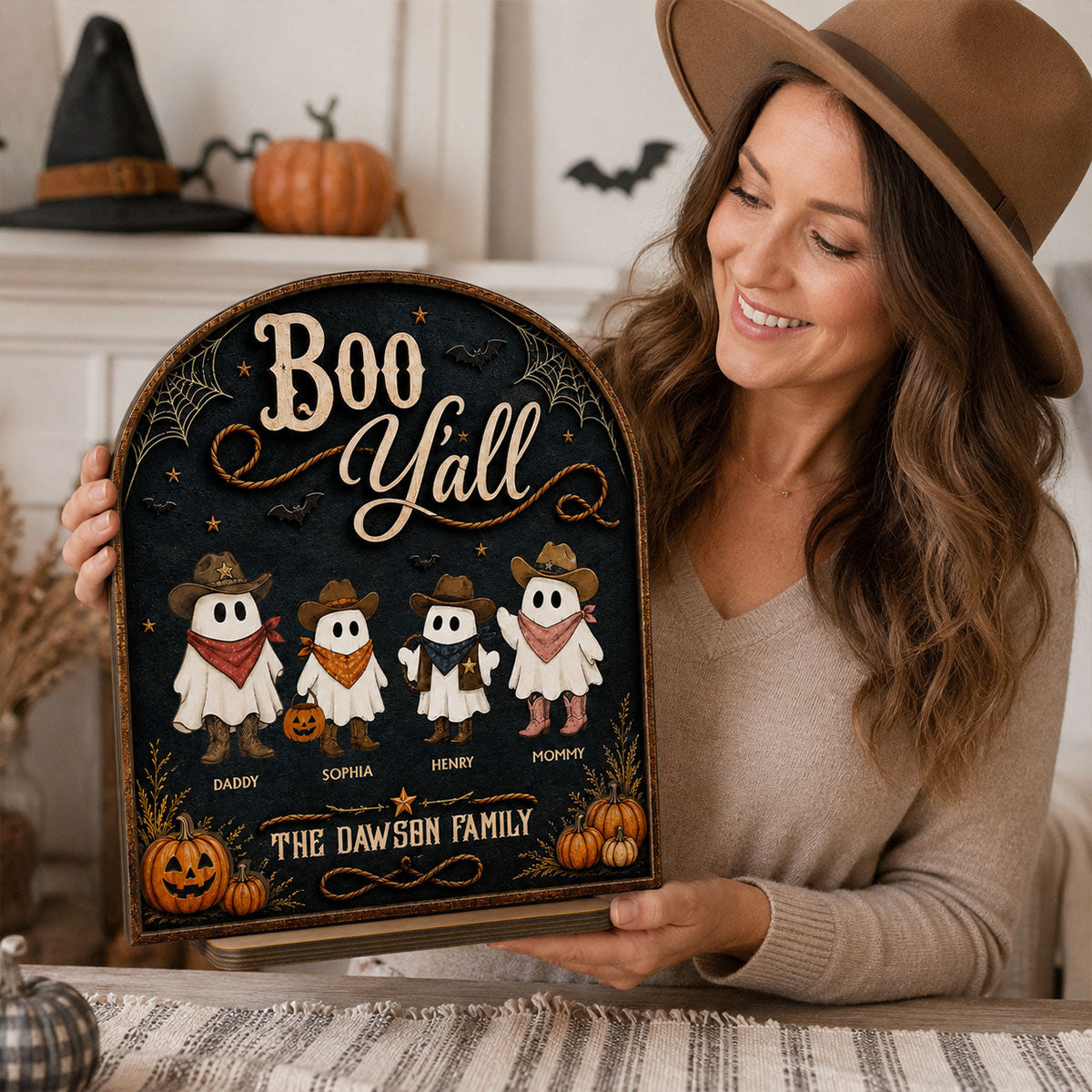Boo Y'all Cowboy Ghost Family 2D Flat - Personalized 2-Layered Wooden Plaque - Western Country Vibe Halloween Decor