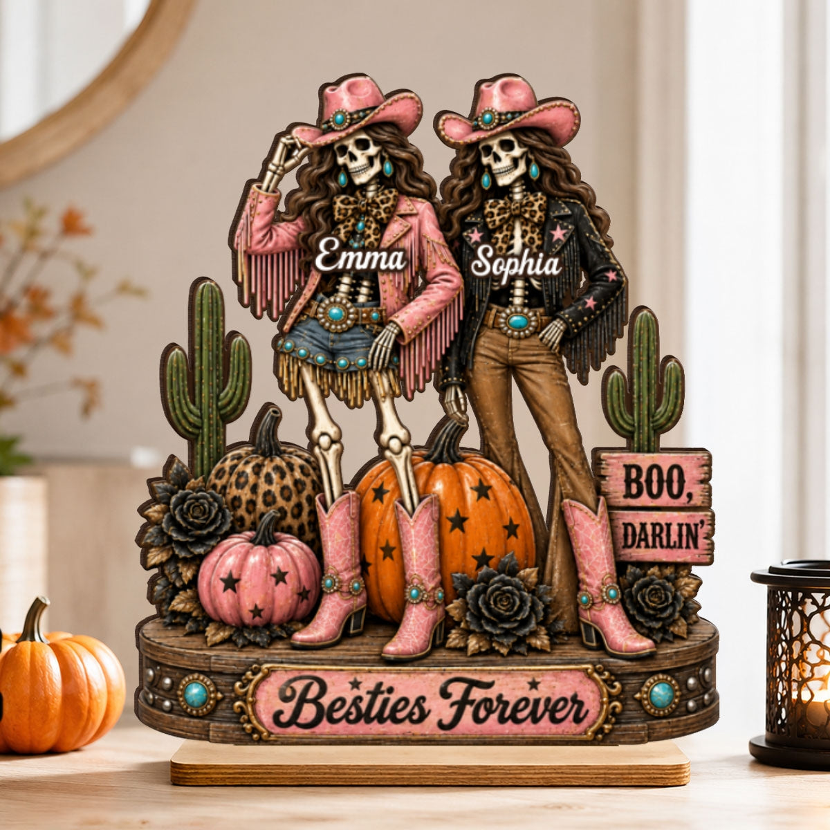 Western Halloween Skeleton Cowgirls - Personalized 2-Layered Wooden Plaque - Halloween Decor Gift, Gift For Besties