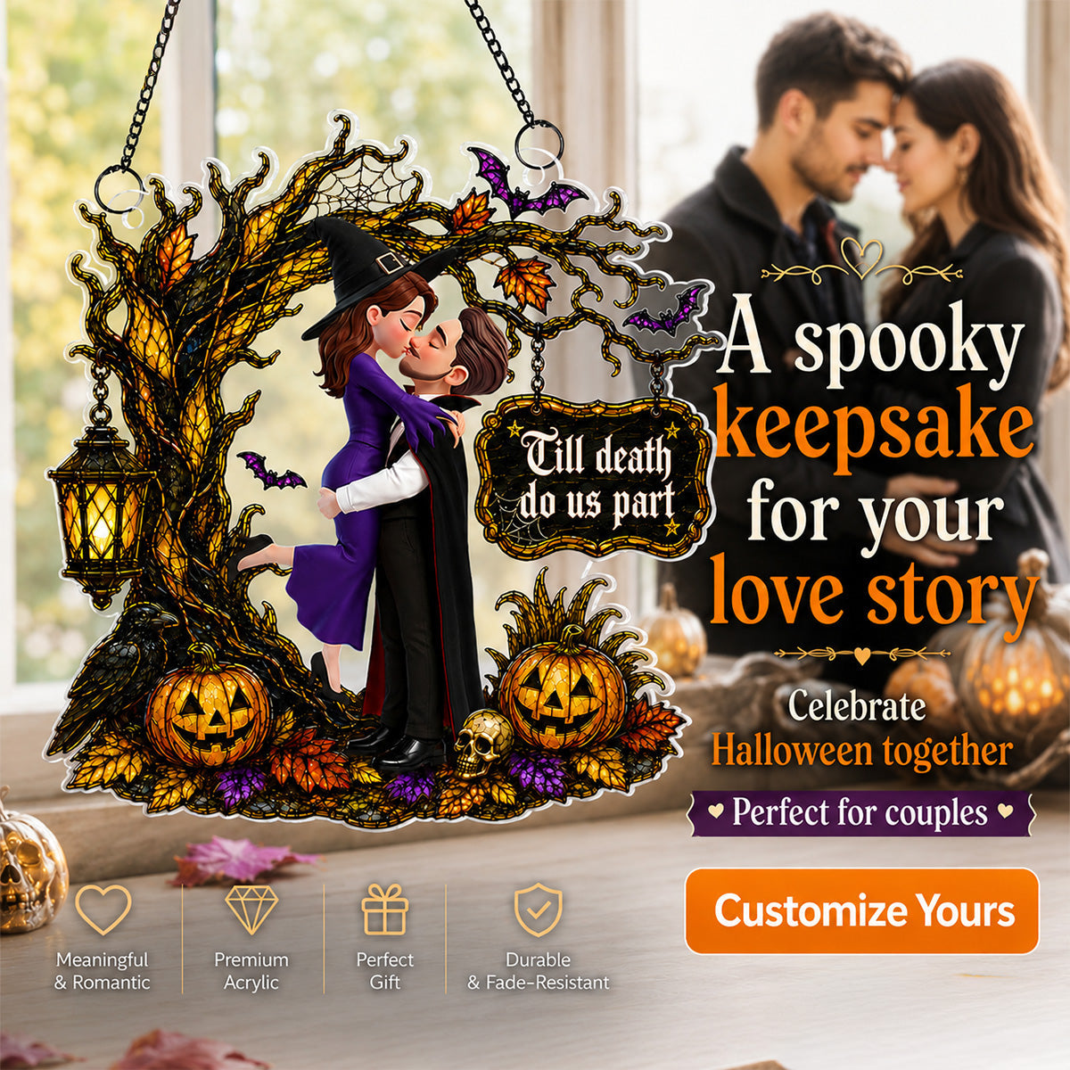 Couple Hugging Under Spooky Halloween Tree 2D Flat - Personalized Acrylic Window Hanger - Halloween Decor For Couple