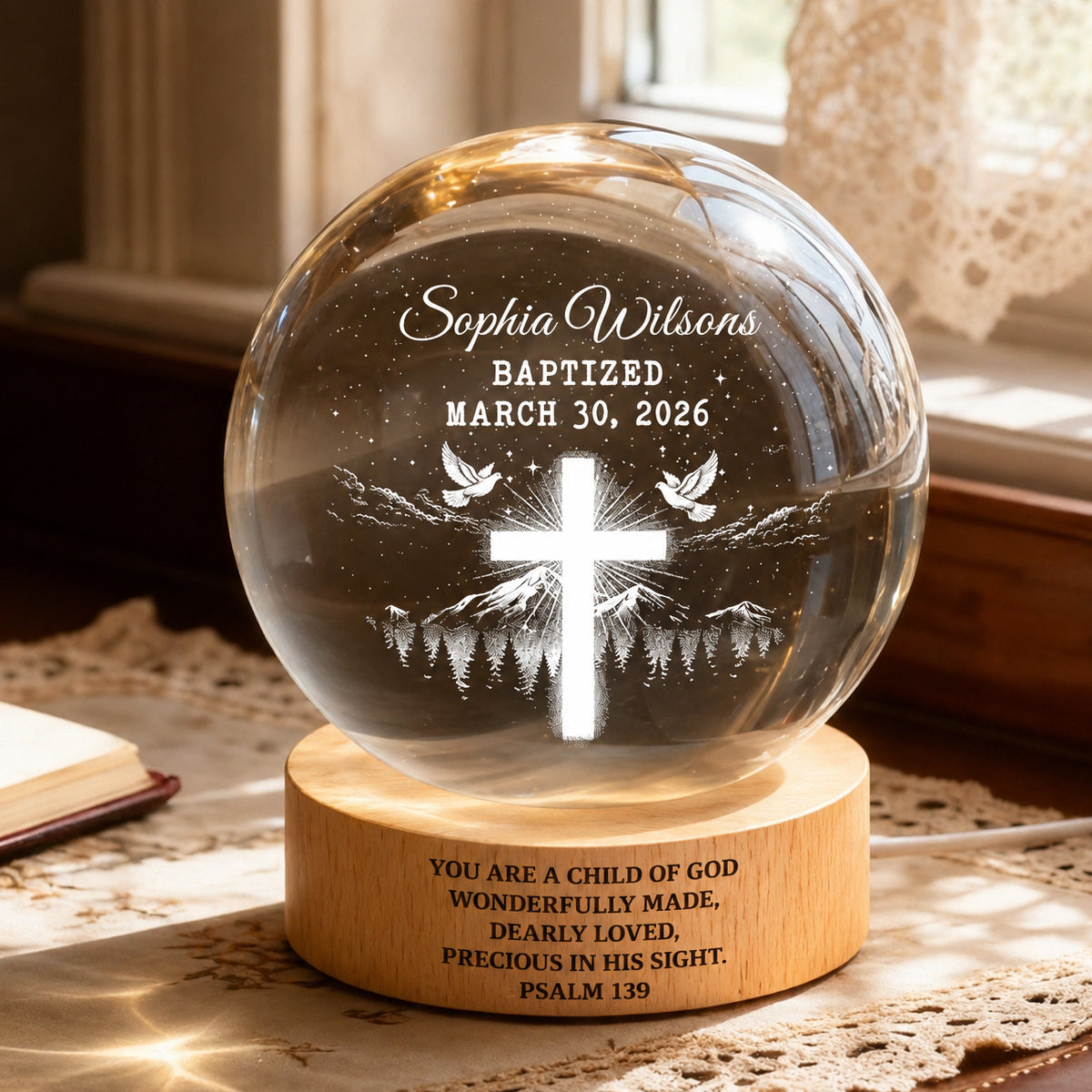 You Are a Child of God Baptism - Personalized Crystal Ball LED Night Light - Nursery Decor