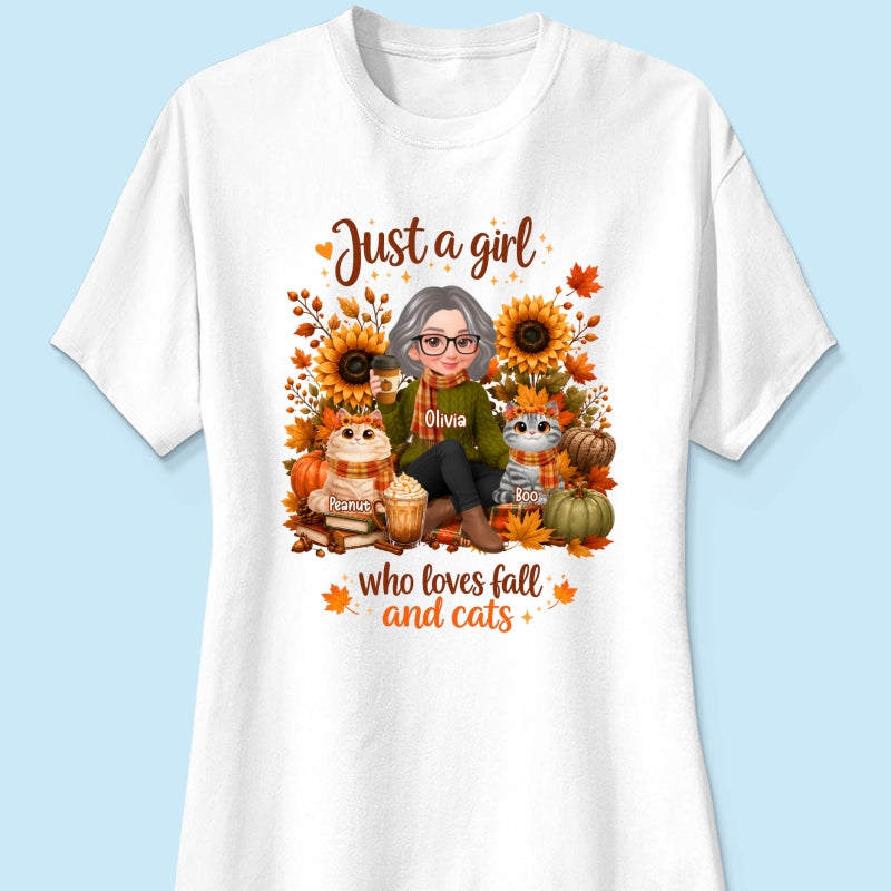 A Girl Who Loves Fall And Her Cats - Personalized Shirt - Fall Season Gift, Gift For Cat Lovers