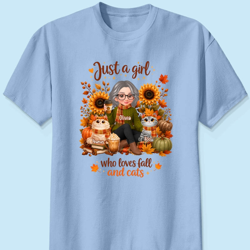 A Girl Who Loves Fall And Her Cats - Personalized Shirt - Fall Season Gift, Gift For Cat Lovers