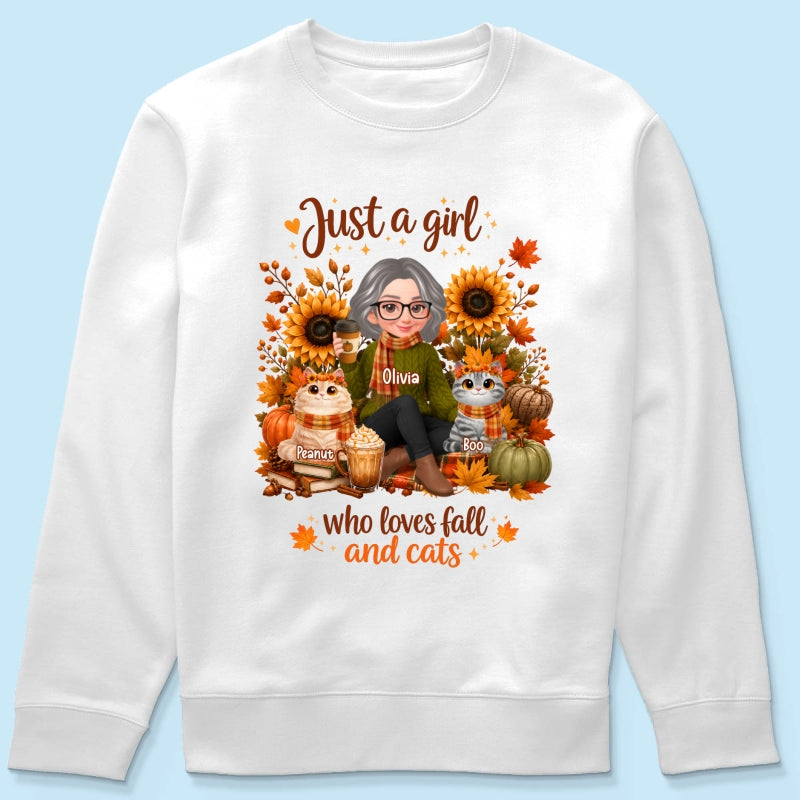 A Girl Who Loves Fall And Her Cats - Personalized Shirt - Fall Season Gift, Gift For Cat Lovers