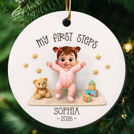 Baby First Steps Learned to Walk - Personalized Ceramic Ornament - Milestone Christmas Keepsake