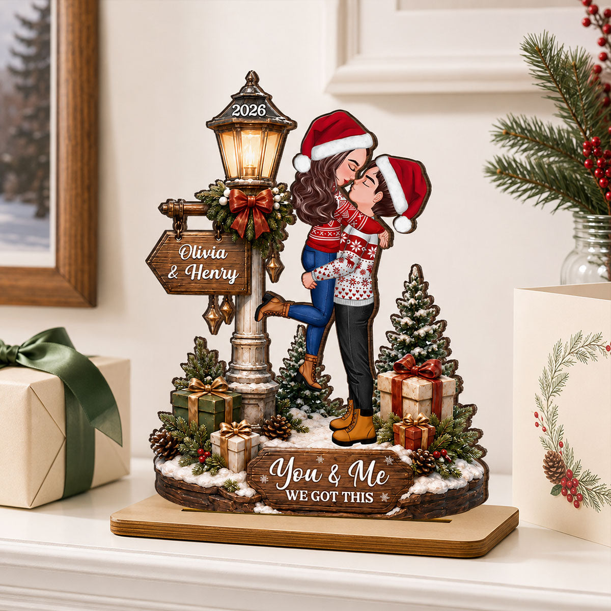 Couple Kissing Under Lamp Post - Personalized 2-Layered Wooden Plaque - Christmas Decor, Gift for Her, Gift for Him