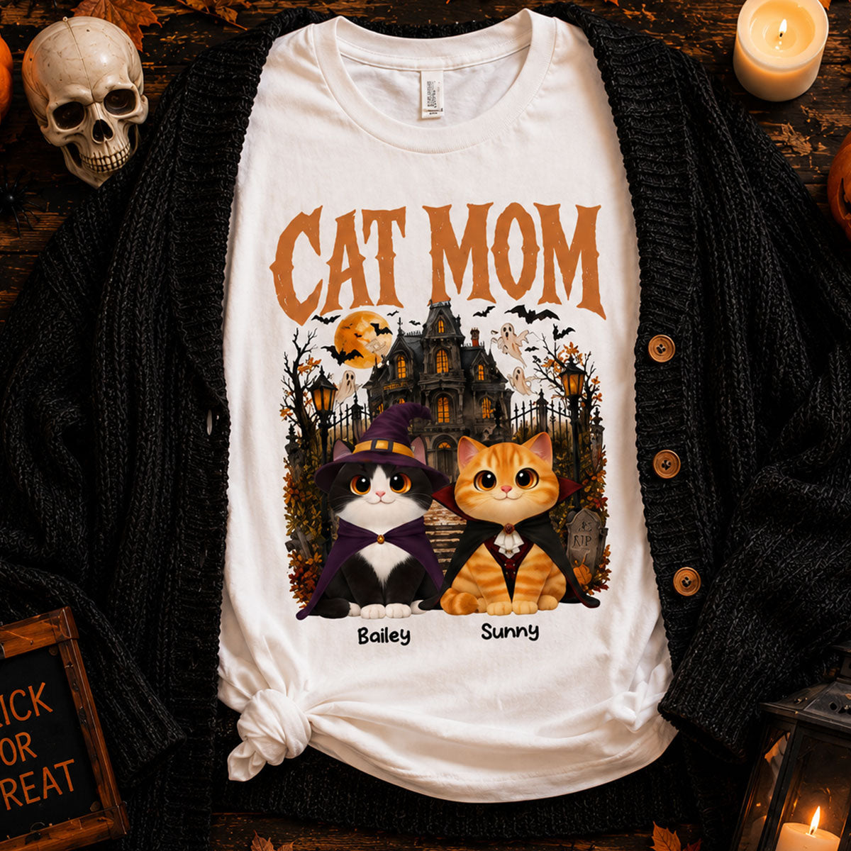 Retro Vintage Halloween Haunted House Cat Mom - Personalized Shirt - Halloween Gift For Cat Lovers