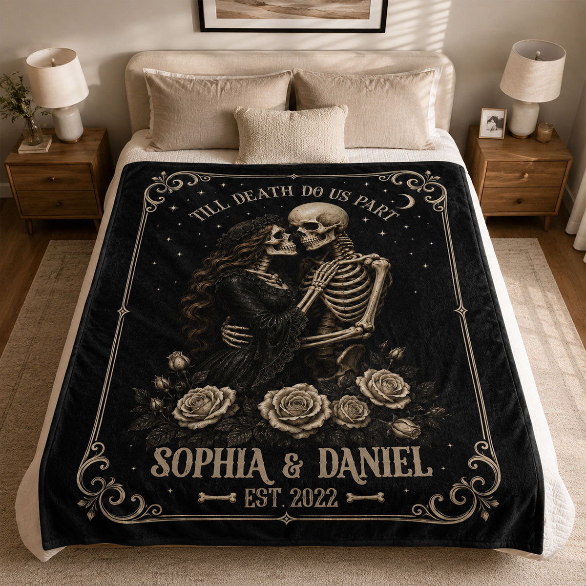 Skeleton Couple Till Death Do Us Part - Personalized Fleece Blanket - Spooky Goth Couple Halloween Gift