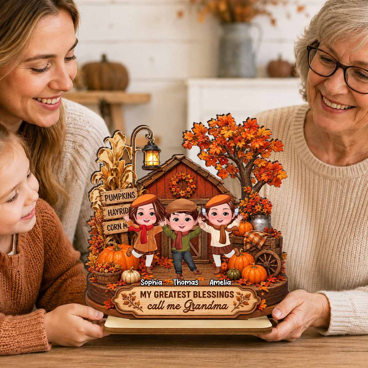 Grandma Grandkids Greatest Blessings - Personalized 2-Layered Wooden Plaque - Fall Season Decor Gift, Gift For Grandma