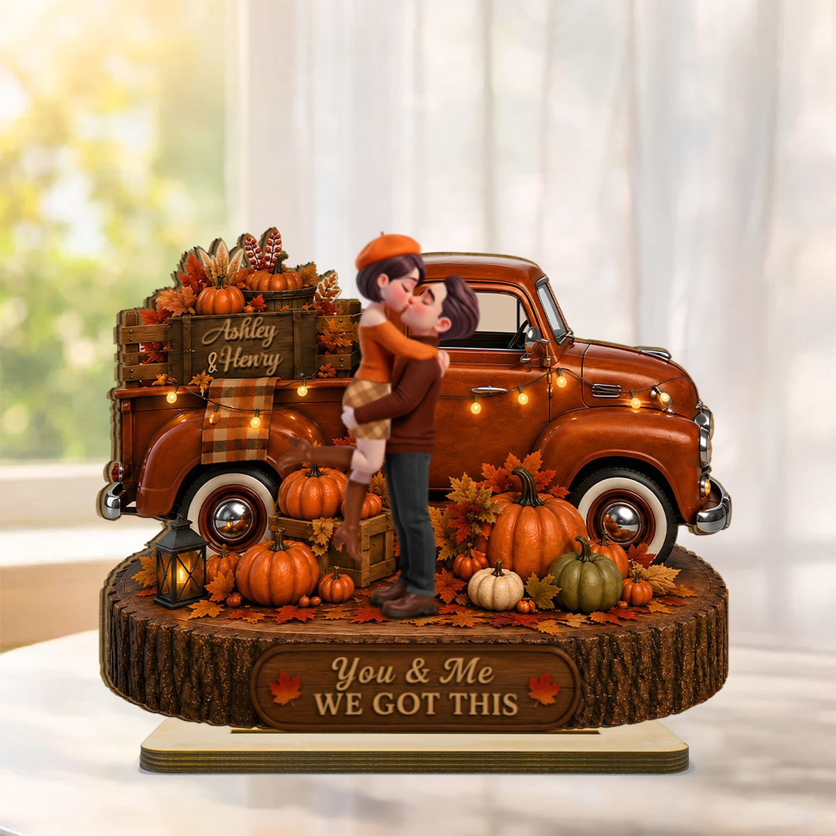 Fall Season Couple Pickup Truck - Personalized 2-Layered Wooden Plaque - Fall Season Decor Gift, Gift For Couple