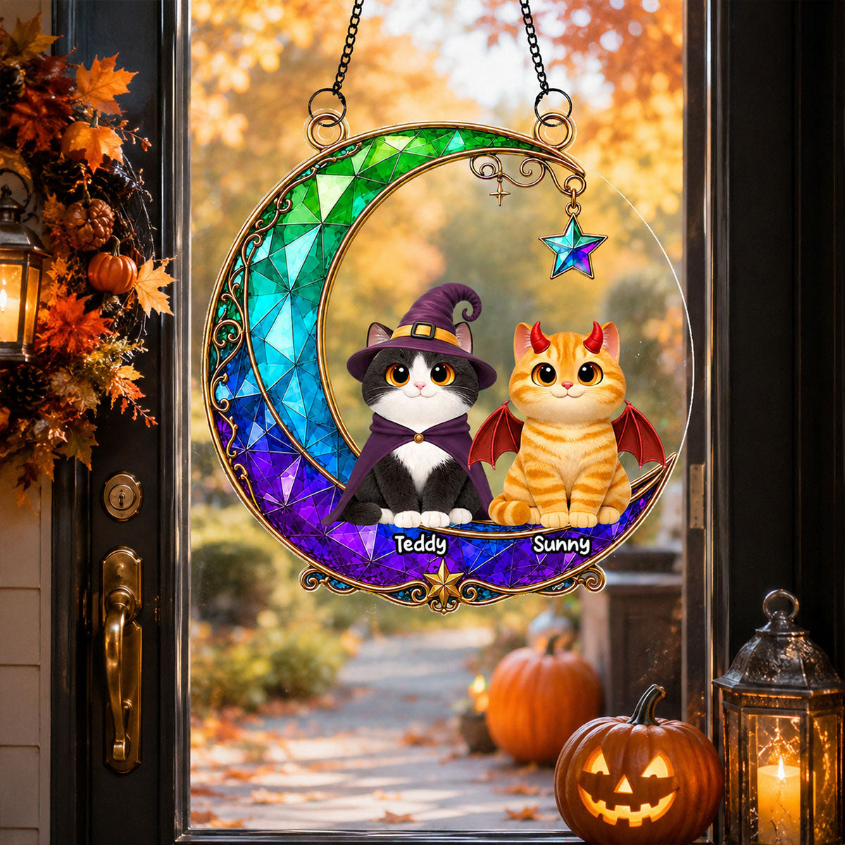 Magical Cat Moonlight - Personalized Acrylic Window Hanging - Halloween Decoration For Cat Mom