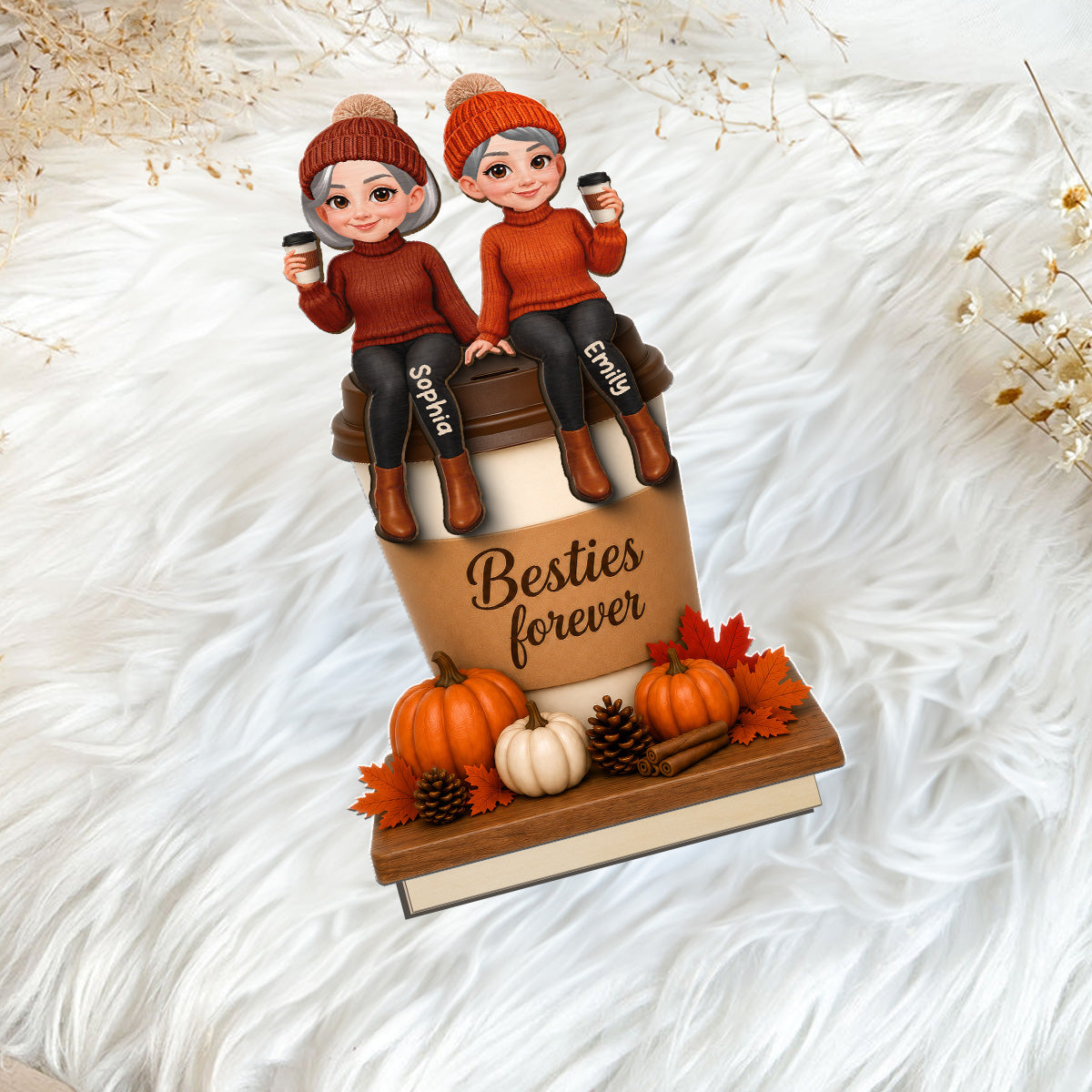 Besties Sitting On Pumpkin Spice Latte 2D Flat - Personalized Wooden Plaque - Cozy Fall Gift