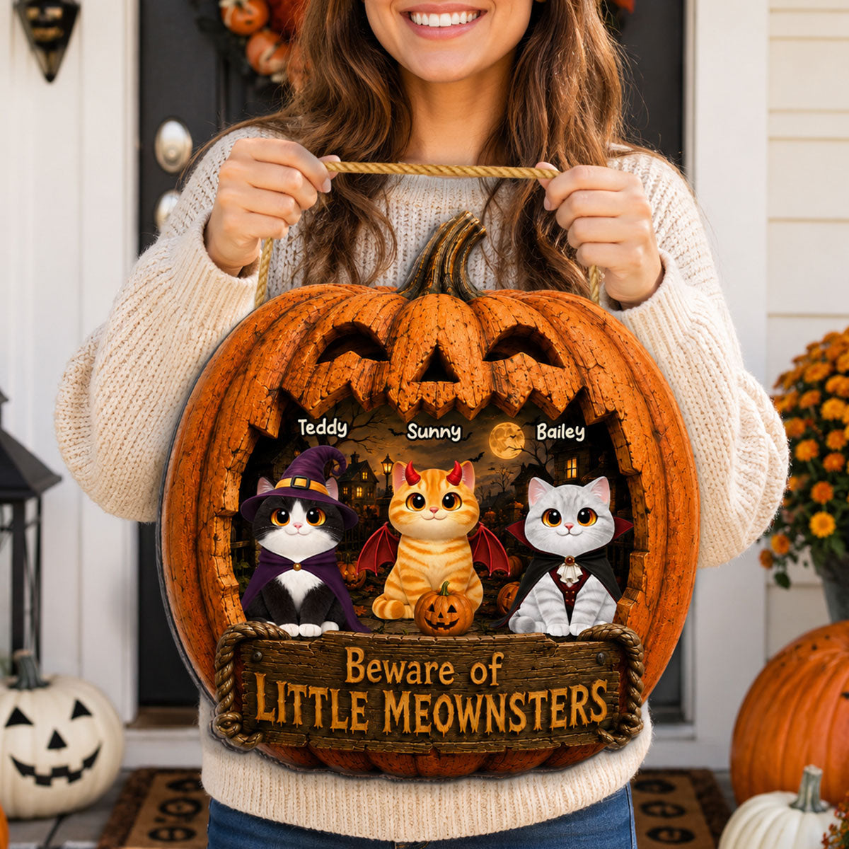 Spooky Halloween Pumpkin Cats - Personalized Wood Sign - Halloween Decor For Cat Lovers