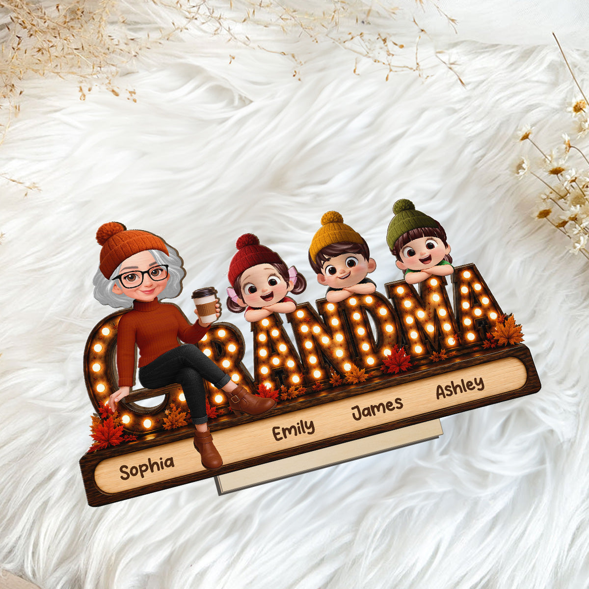 Grandma Grandkids Marquee 2D Flat - Personalized Wooden Plaque - Cozy Fall Season Gift