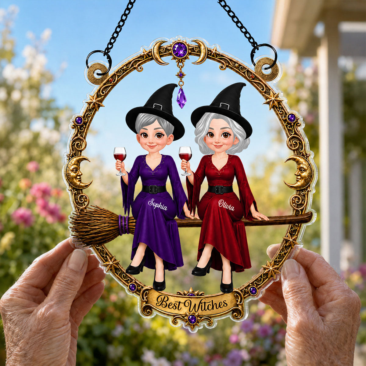 Besties Witches Sitting On Broom - Personalized Acrylic Window Hanger - Halloween Decoration