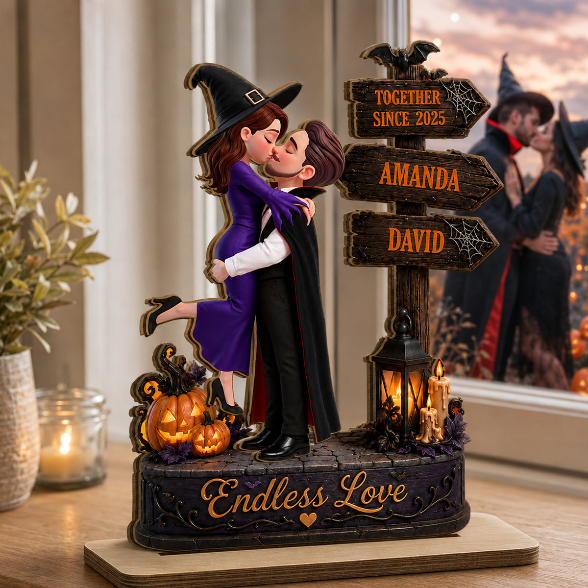 Endless Love Couple Halloween - Personalized 2-Layered Wooden Plaque - Halloween Decor Gift, Gift For Couple