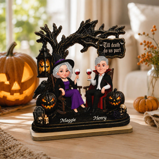 Couple Sitting Under Spooky Halloween Tree 2D Flat - Personalized 2-Layer Wooden Plaque - Tabletop Tier Tray Wicca Pagan Decor