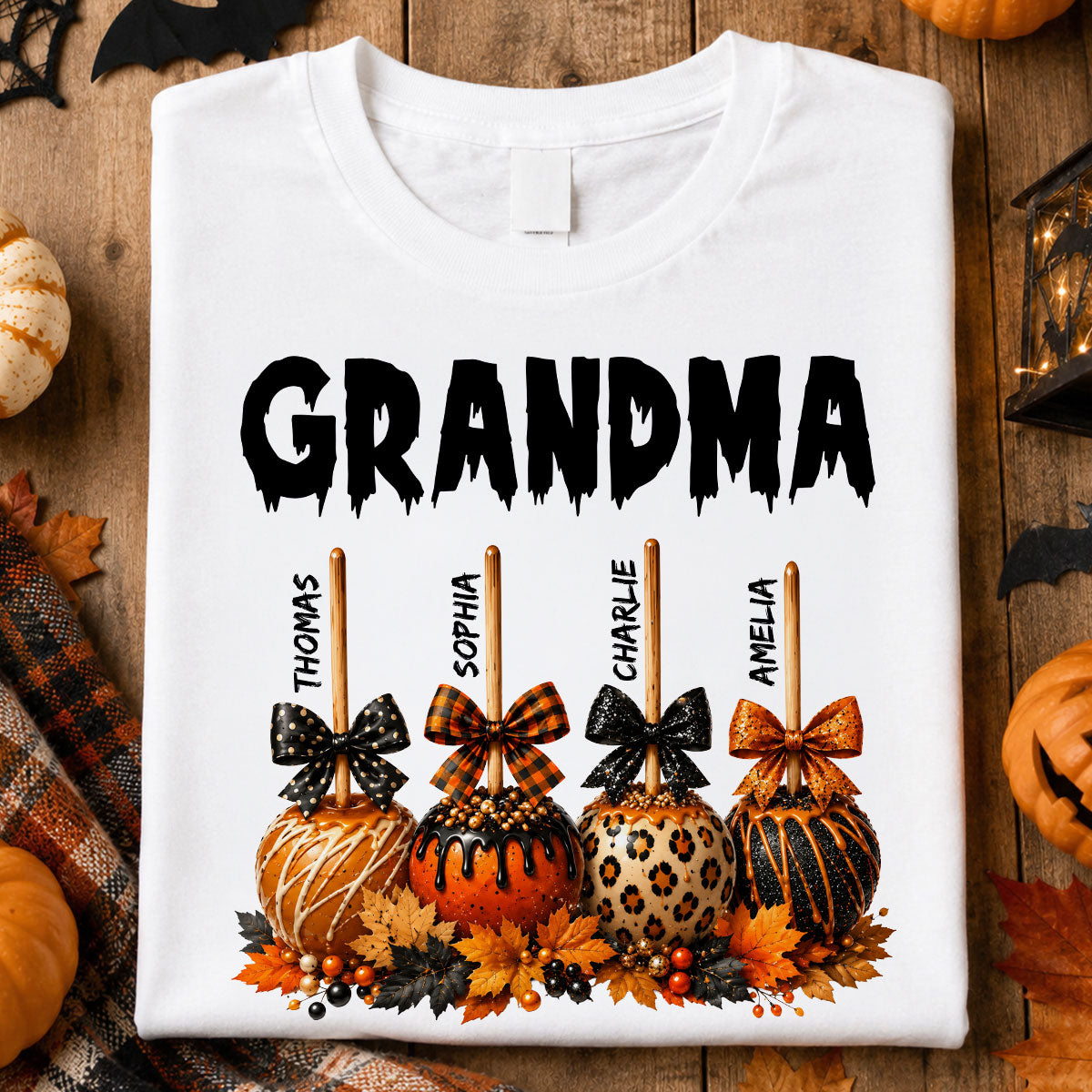 Trending Fall Season Halloween Grandma Fall Caramel Apples Custom Kids Names - Personalized Shirt - Fall Halloween Shirt For Grandma