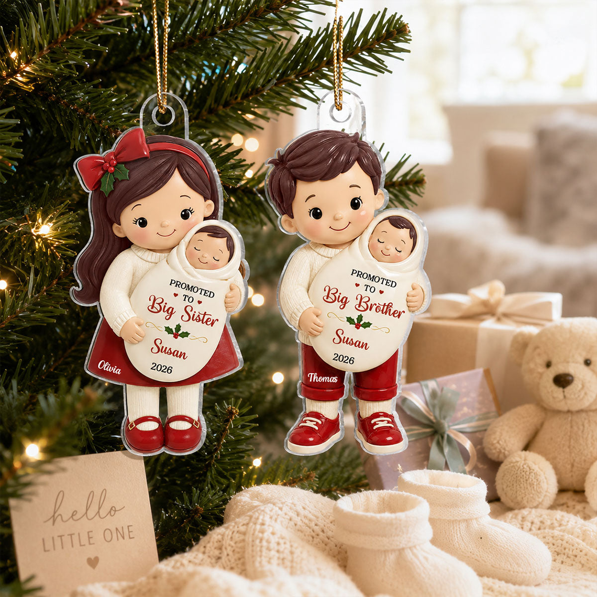 Promoted To Big Sibling Christmas Theme 2D Flat - Personalized Acrylic Ornament - New Big Brother, New Big Sister Gift