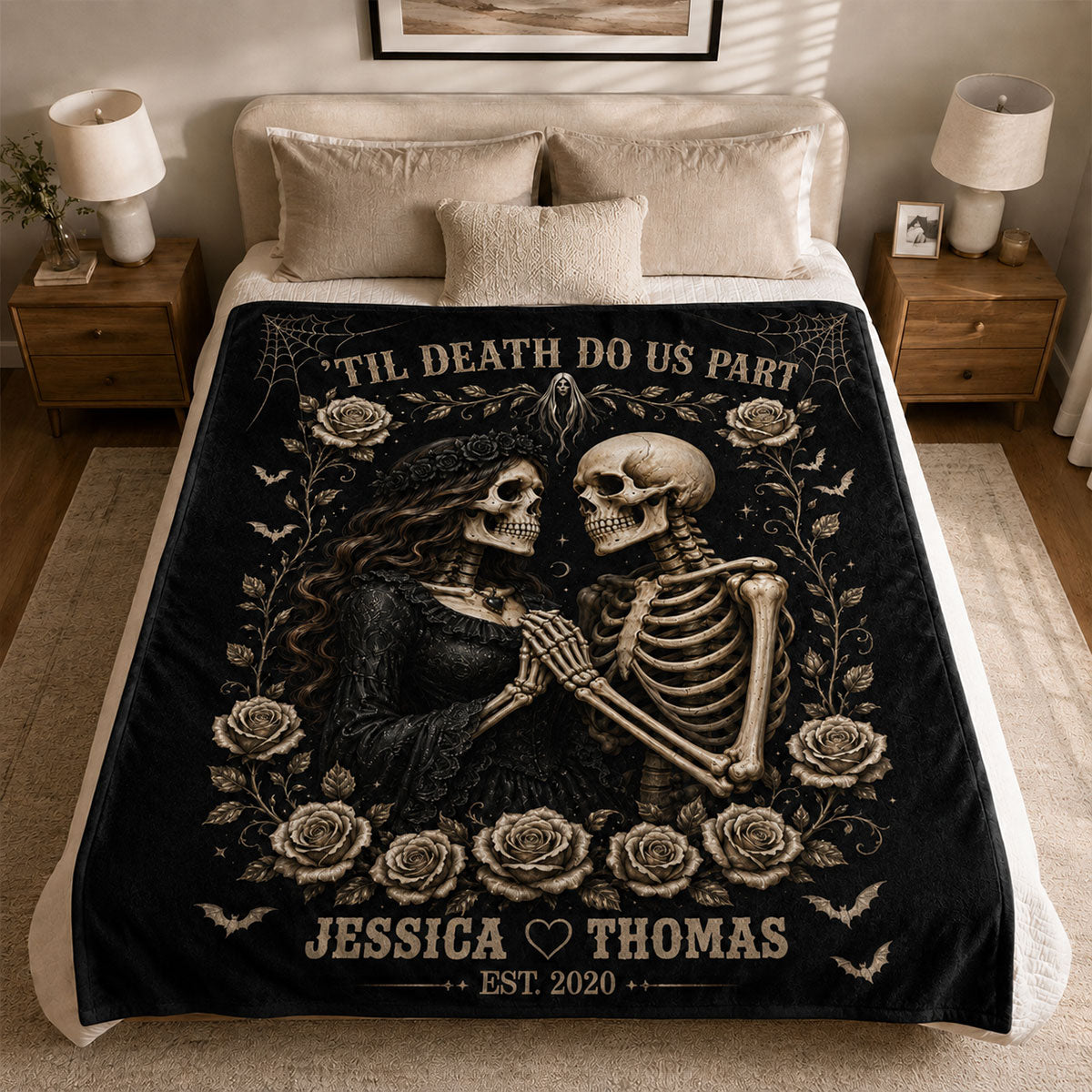 Till Death Do Us Part Skeleton Couple - Personalized Fleece Blanket - Spooky Goth Couple Halloween Gift