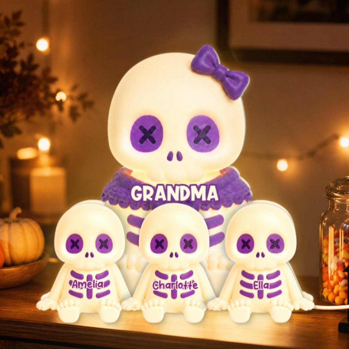Cute Skeleton Grandma Grandkids Fall Halloween Decor - Personalized Light Box - Gift For Grandmas