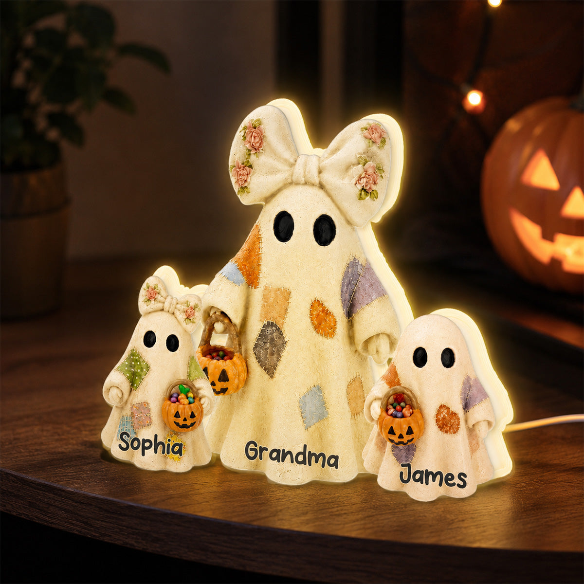 Grandma's Boo Crew Patchwork Style Ghosts 2D Flat - Personalized Light Box - Halloween Decor For Grandma
