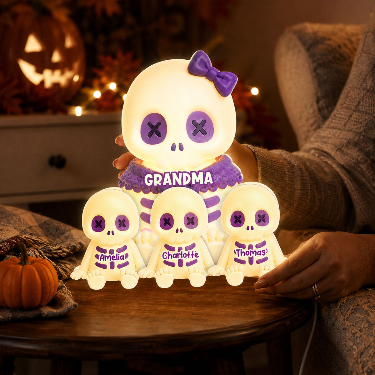 Cute Skeleton Grandma Grandkids Fall Halloween Decor - Personalized Light Box - Gift For Grandmas