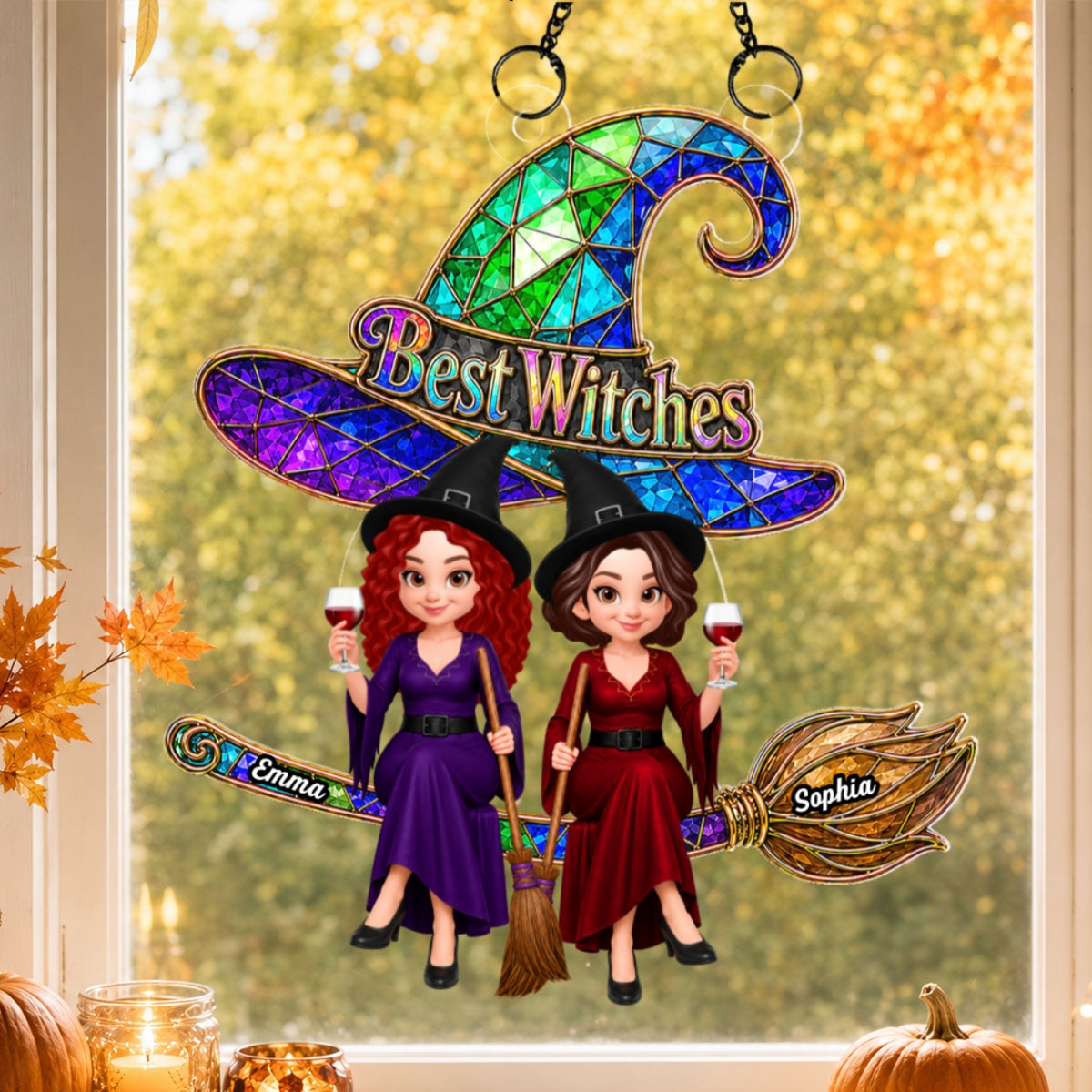 Trending Witches Sitting On Broom - Personalized Acrylic Window Hanging - Halloween Decoration For Besties, Girls